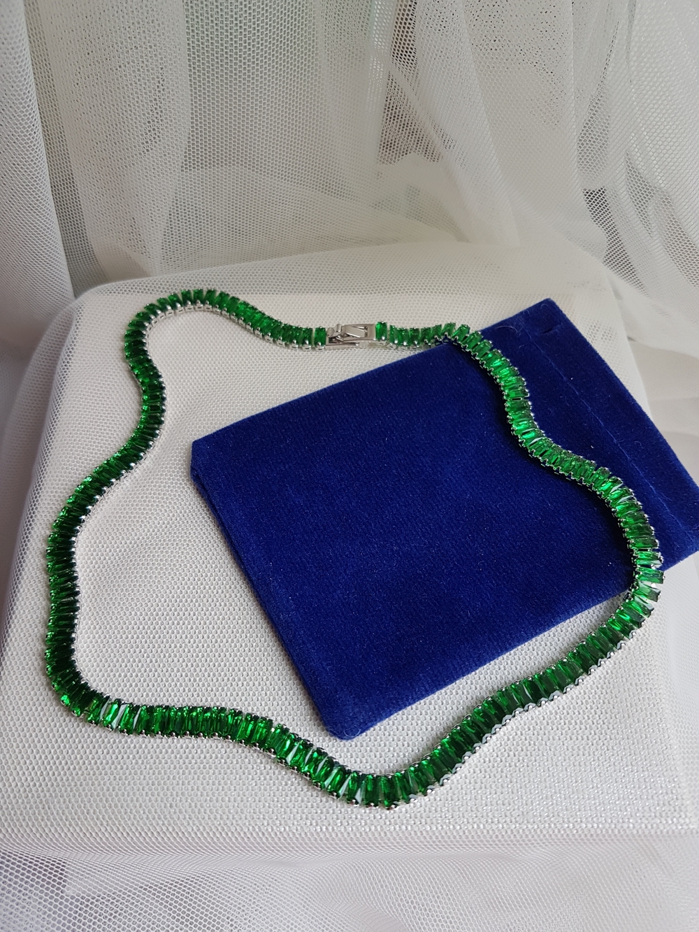 Swarovski Elements Silver Emerald Green Emerald-cut Baguette Tennis Necklace NEW - Picture 15 of 17